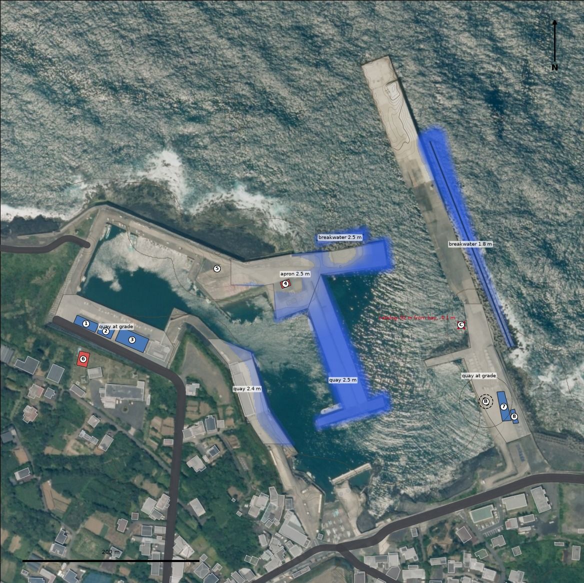 The same site as a plan: quays, breakwaters, buildings and the truck bay